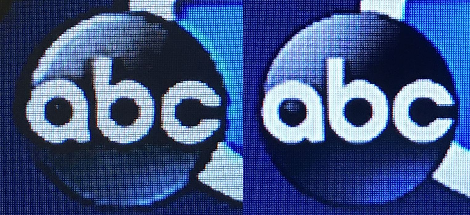 ABC logo comparison with satellite dish picture on left, broadcast TV on right