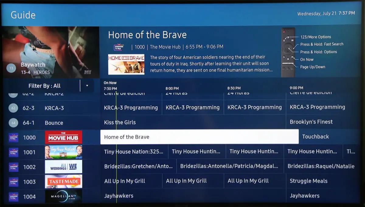 Samsung channel guide showing broadcast TV channels along with streaming channels
