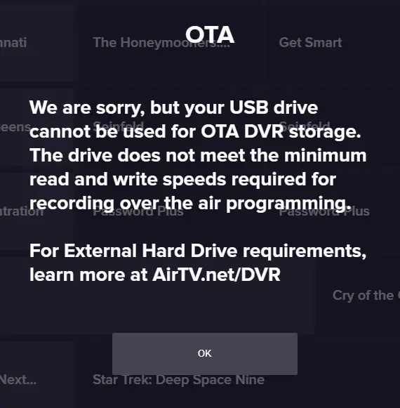 Air TV 2 message saying my USB hard drive did not meet minimum requirements