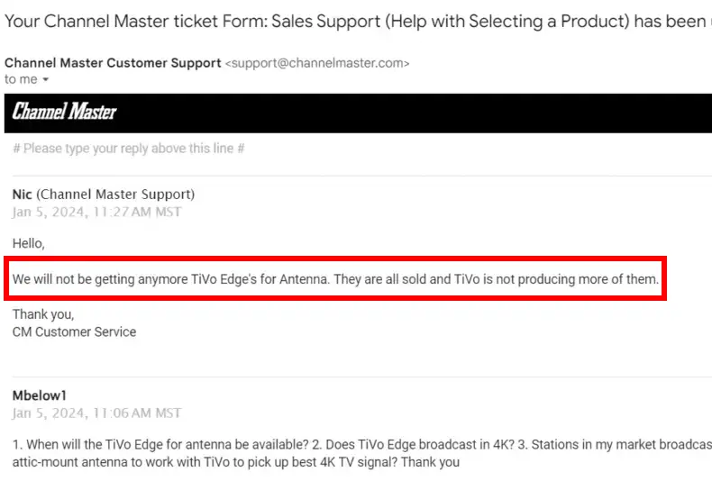 Letter from Channel Master stating the TiVo Edge for Antenna will no longer be produced.