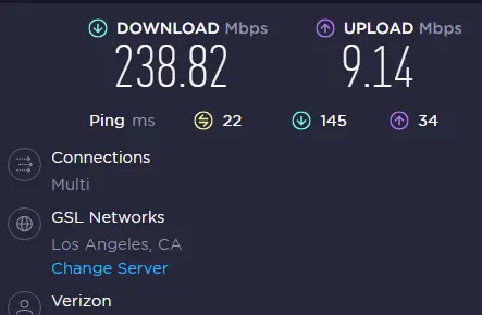 Speed test of Verizon 5G Home Internet showing 238.82 download Mbps and 9.14 Mbps upload, 22ms ping, 145ms download latency, 34ms upload latence