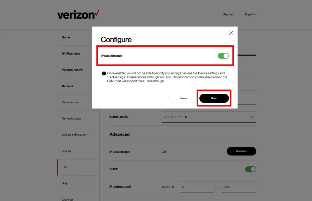 Turning on passthrough mode on the Verizon 5G Home Internet Gateway ASK-NCQ1338FA
