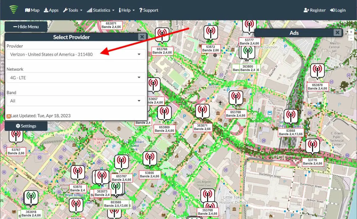 Cellmapper map showing cell signal strength and towers