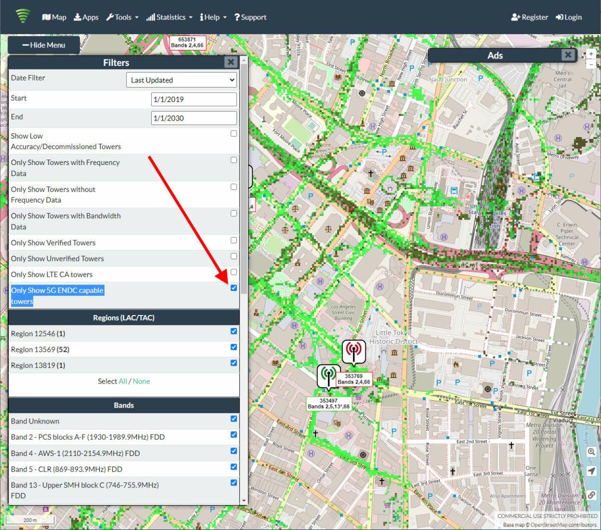 Showing cell towers with 5G ENDC technology