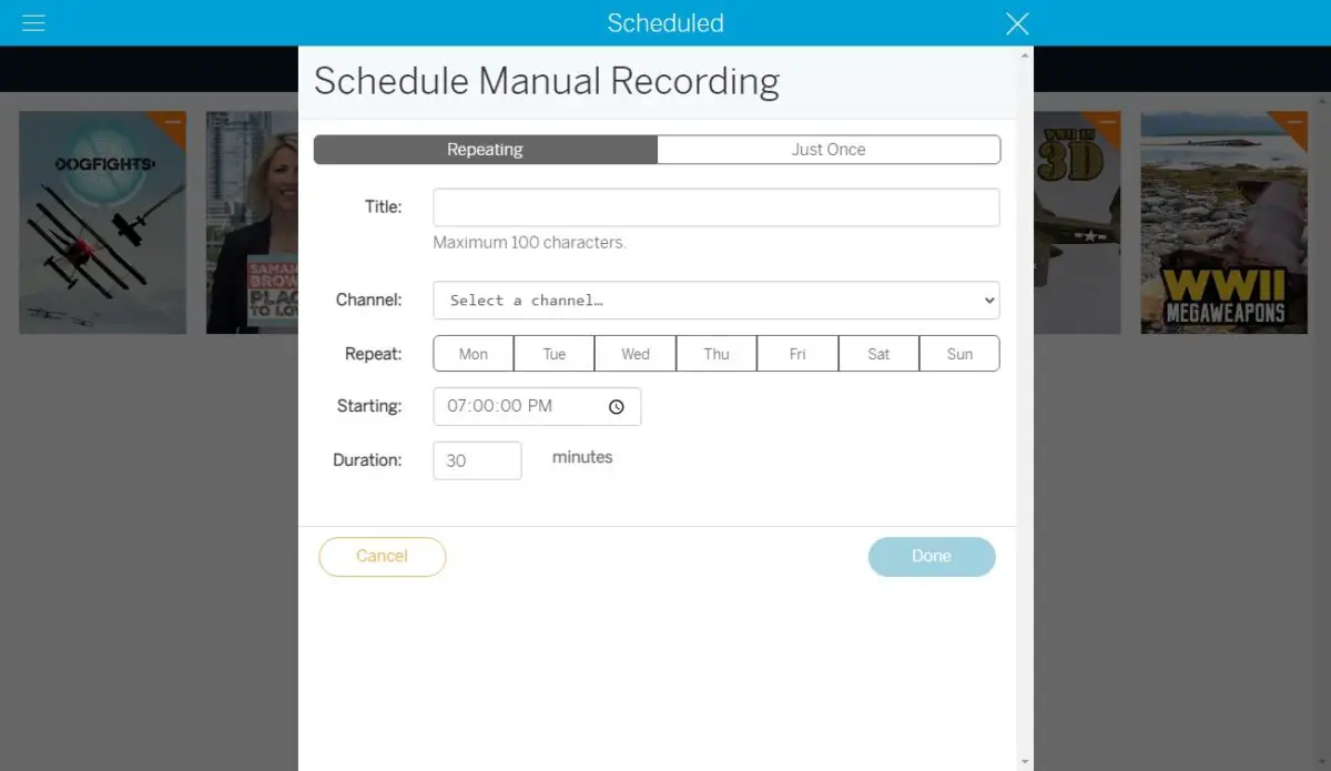 Manually-scheduled recording on Tablo