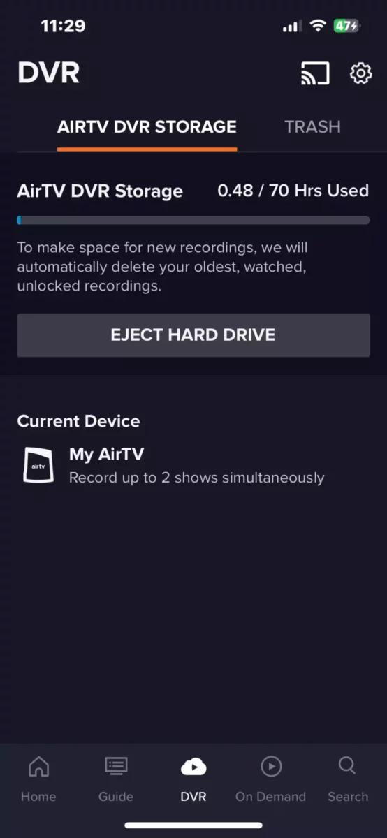 AirTV eject hard drive button on app