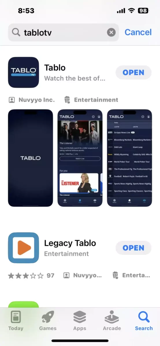 Tablo apps in the Apple App Store