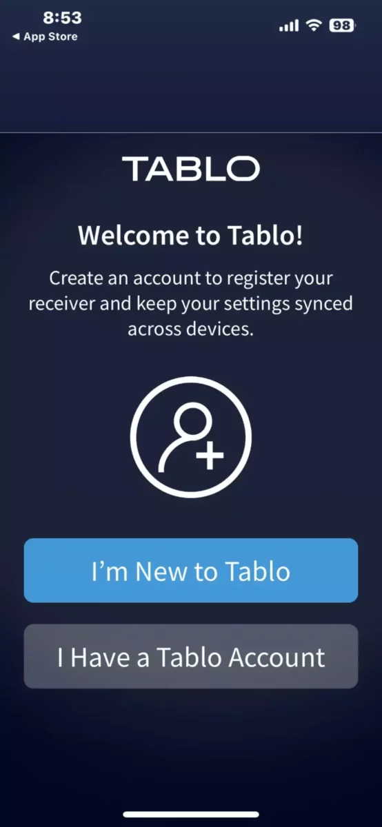 Tablo app login screen