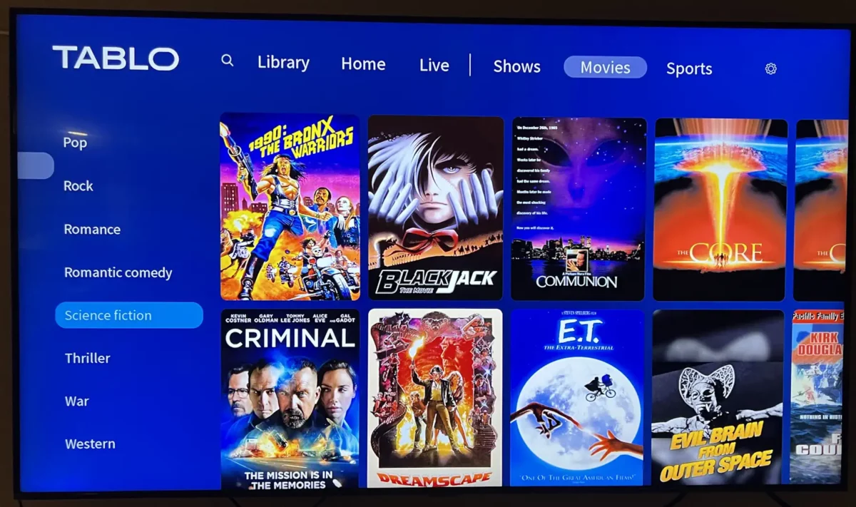 Tablo Netflix-style grid showing upcoming science fiction movies on broadcast TV