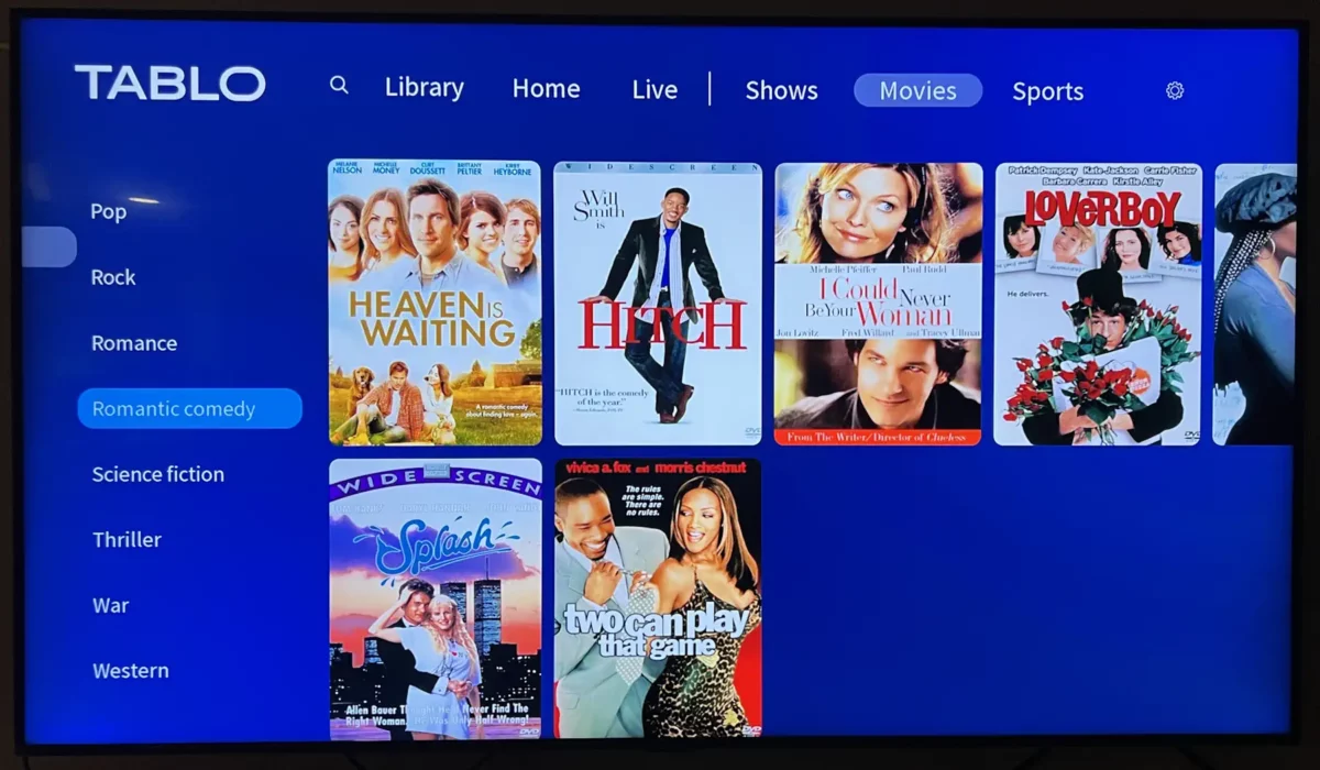 Tablo Netflix-style grid showing upcoming romantic comedies on broadcast TV