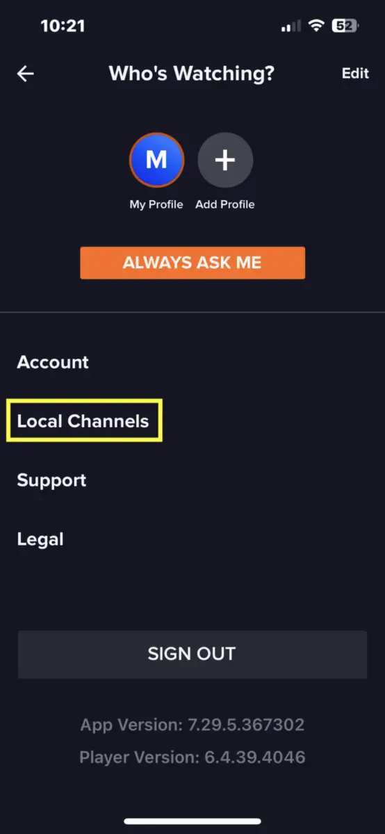 Local Channels option in the Sling app with AirTV