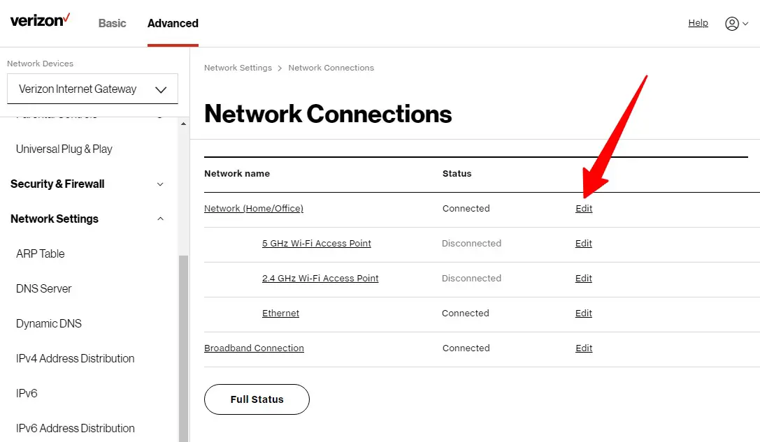 Verizon router Network Connections panel in firmware version 3.2.0.21 ASK model