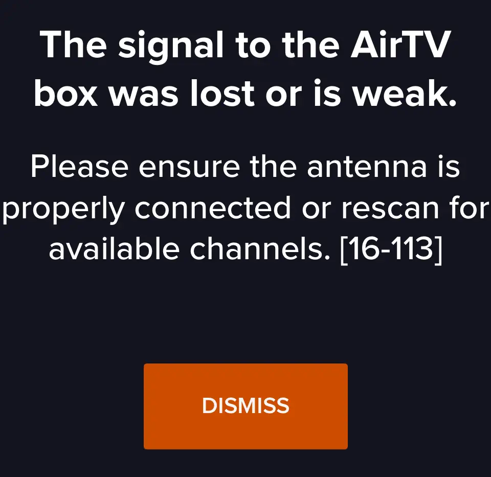 AirTV error screen when tuning a flakey channel