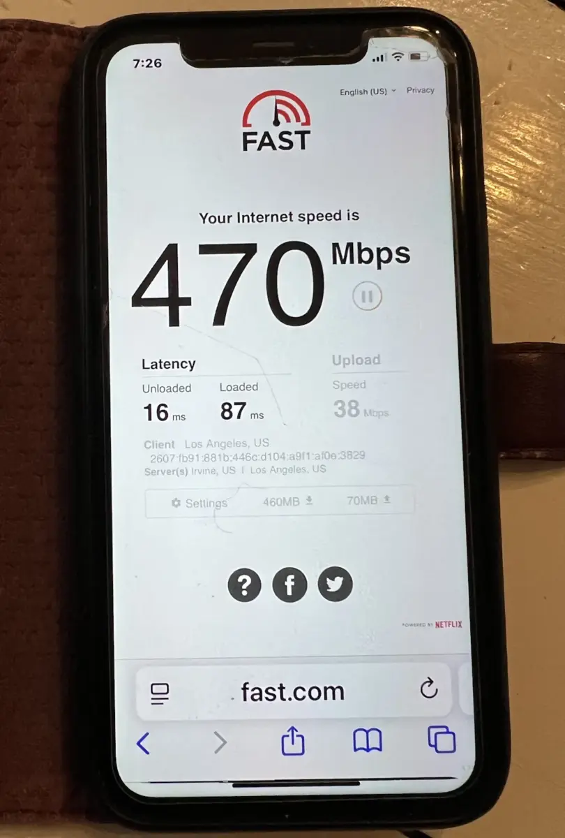 Measurement of 470 Mbps download speed from T-Mobile home internet in Santa Monica