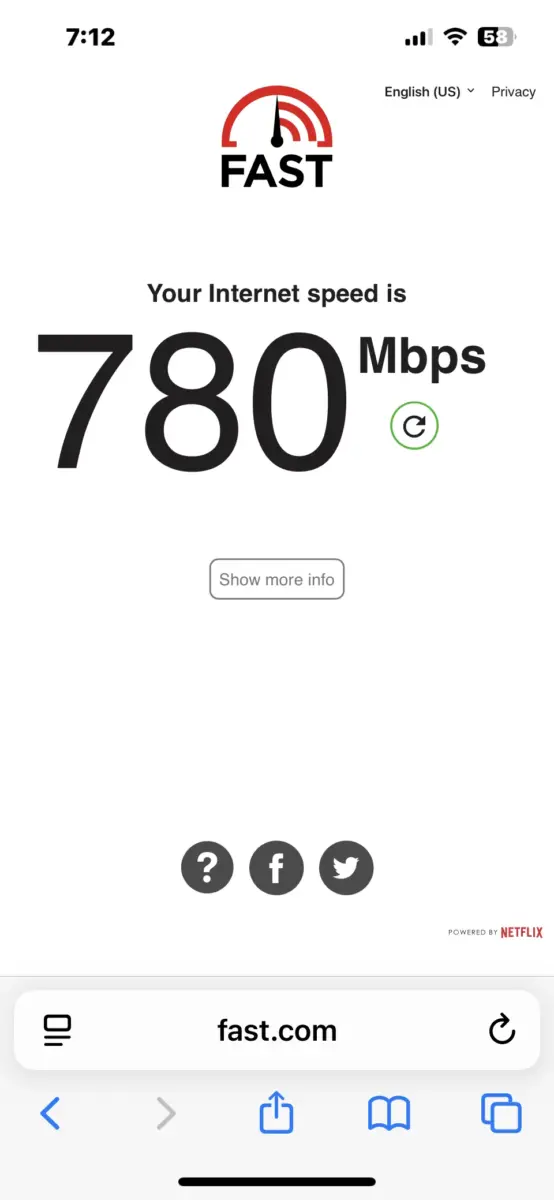 Speed test on T-Mobile 5G Home Internet showing 780 Mbps download speed