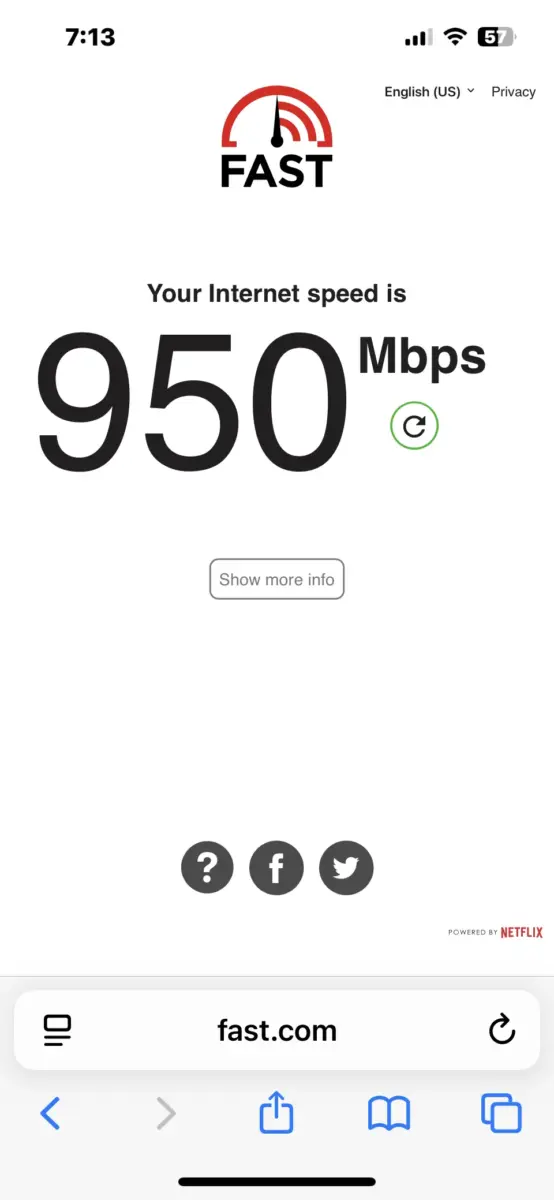 Speed test on T-Mobile 5G Home Internet showing 950 Mbps download speed - the fasted that I've measured so far