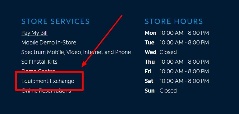Spectrum website store page showing Equipment Exchange