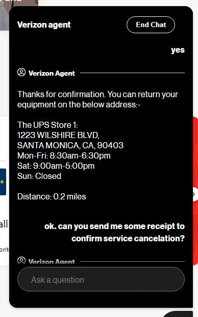 Chat message with Verizon showing the UPS store where they wanted me to return my unit